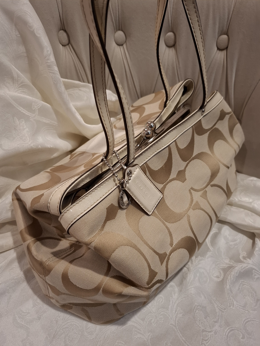 Coach Signature Canvas Shoulder Bag in Beige and Cream